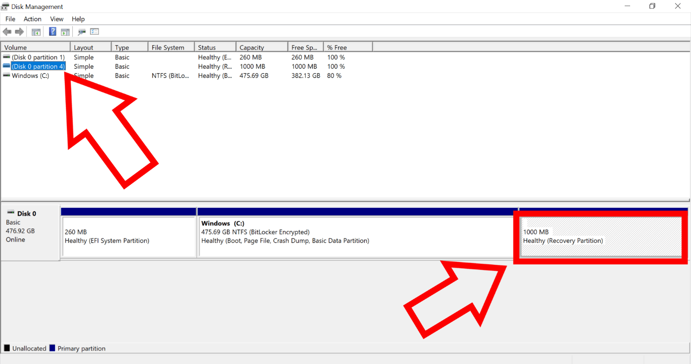 Captura de pantalla de la Administración de discos de Windows que muestra la partición del disco 0 con la partición de recuperación