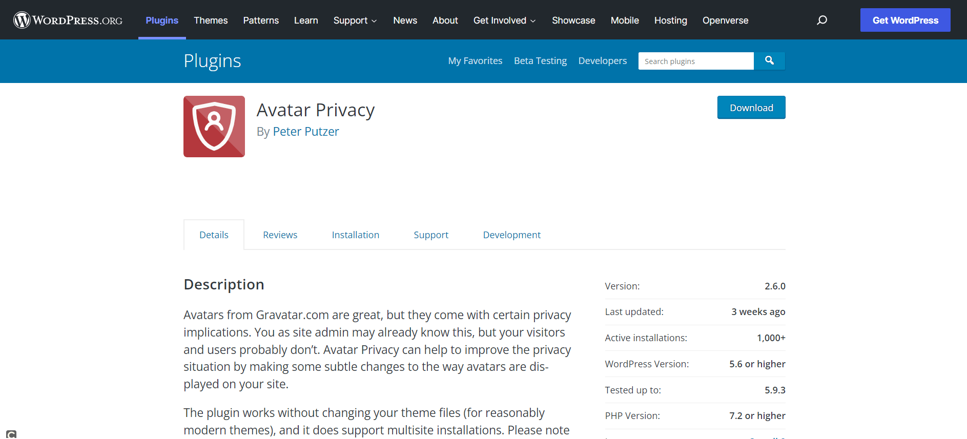 Página de inicio del plugin WordPress Avatar Privacy