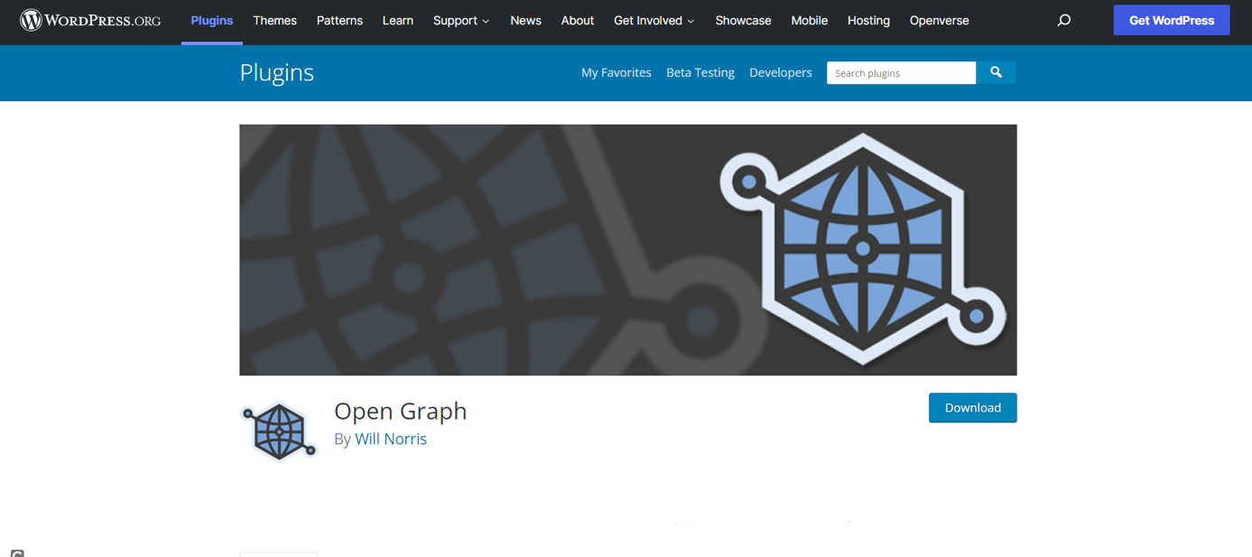Página de inicio del plugin de Open Graph en WordPress