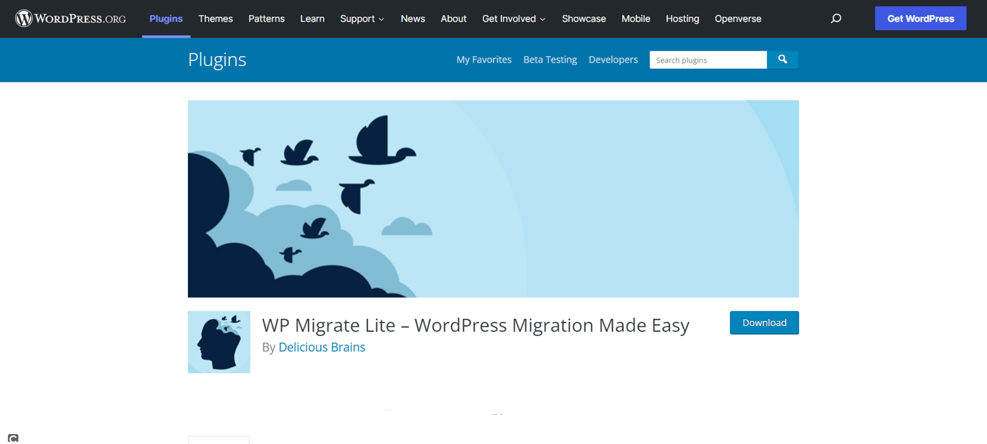 Página de inicio del plugin de WordPress WP Migrate Lite