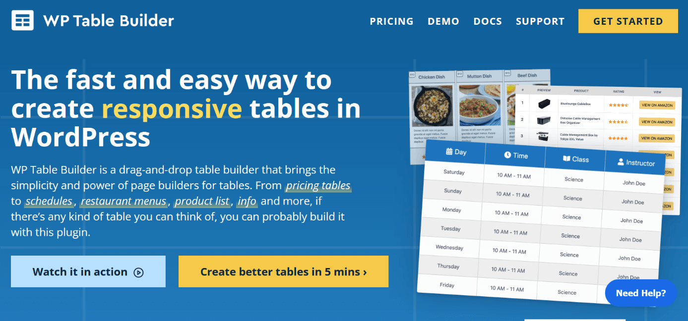 Captura de pantalla de la página web del plugin para tablas “WP Table Builder”