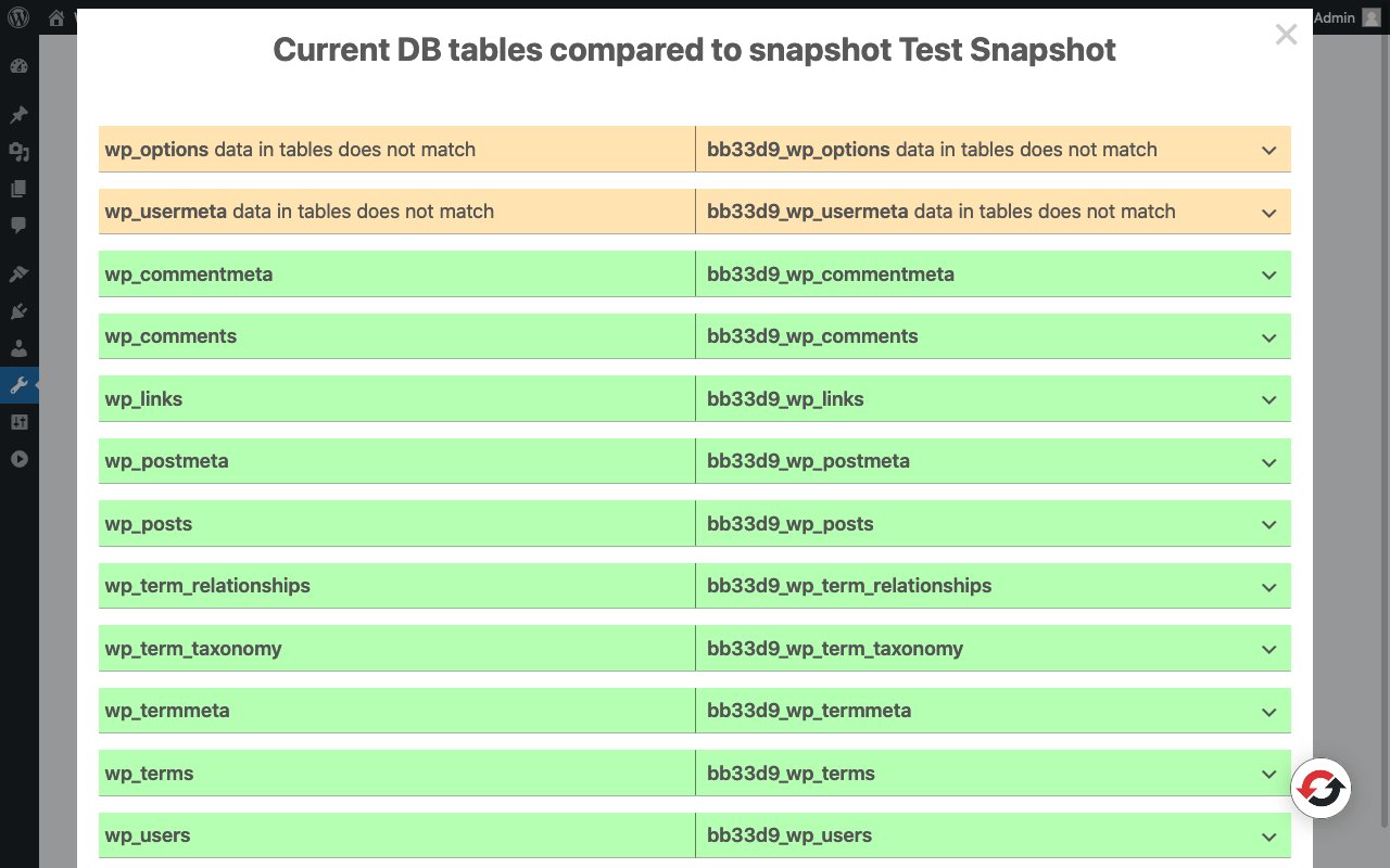 Captura de pantalla de la página del snapshot del plugin WP Reset, con la comparación del snaphot