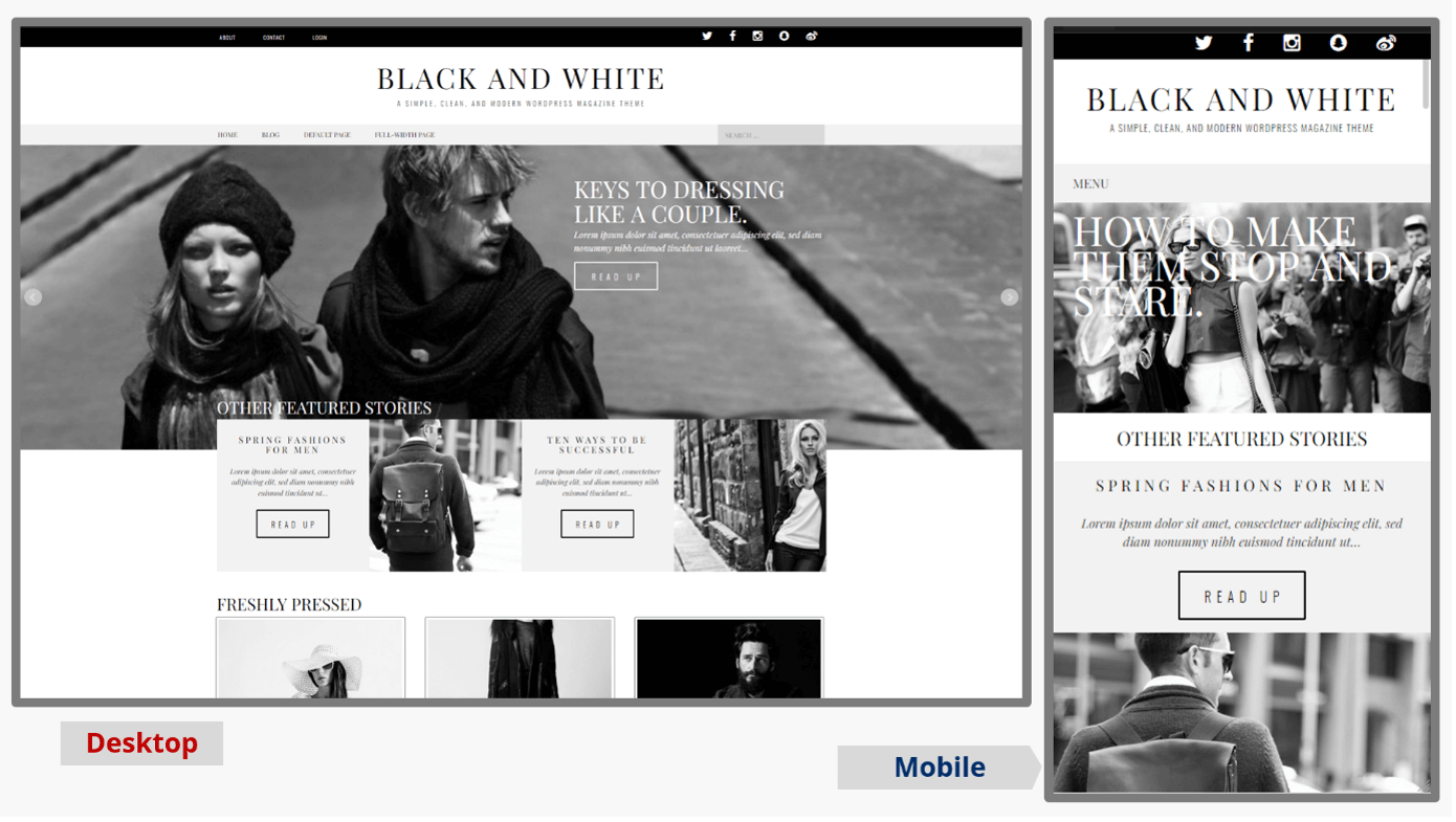 Capturas de pantalla de la plantilla de blog de WordPress Black and White en las versiones para dispositivo móvil y de escritorio