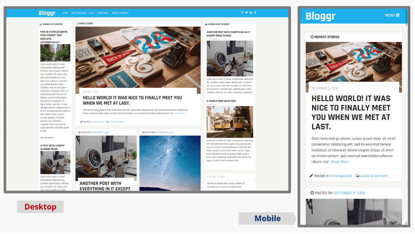Captura de pantalla de la plantilla de blog de WordPress Bloggr en las versiones para dispositivo móvil y de escritorio
