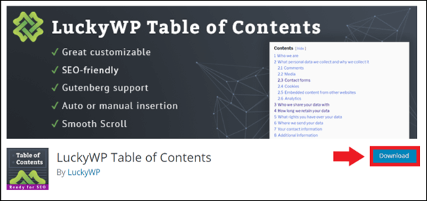 Página de descarga del plugin “LuckyWP Table of Contents”