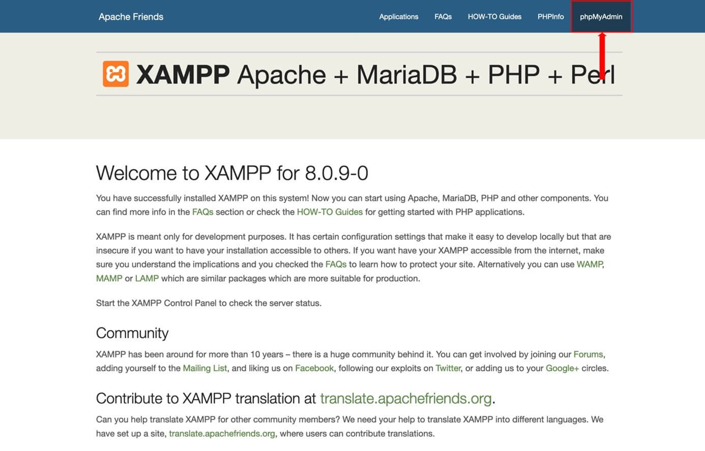 Página de XAMPP con la opción de menú “phpMyAdmin”