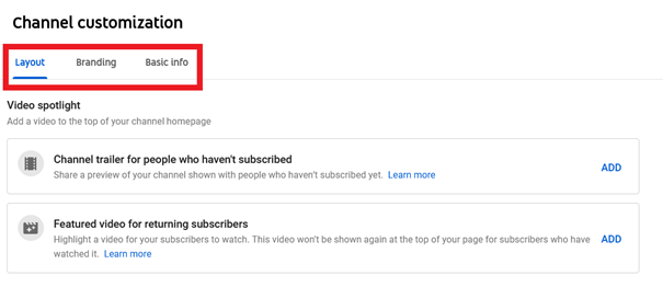 Menú “Personalización de canal” de YouTube