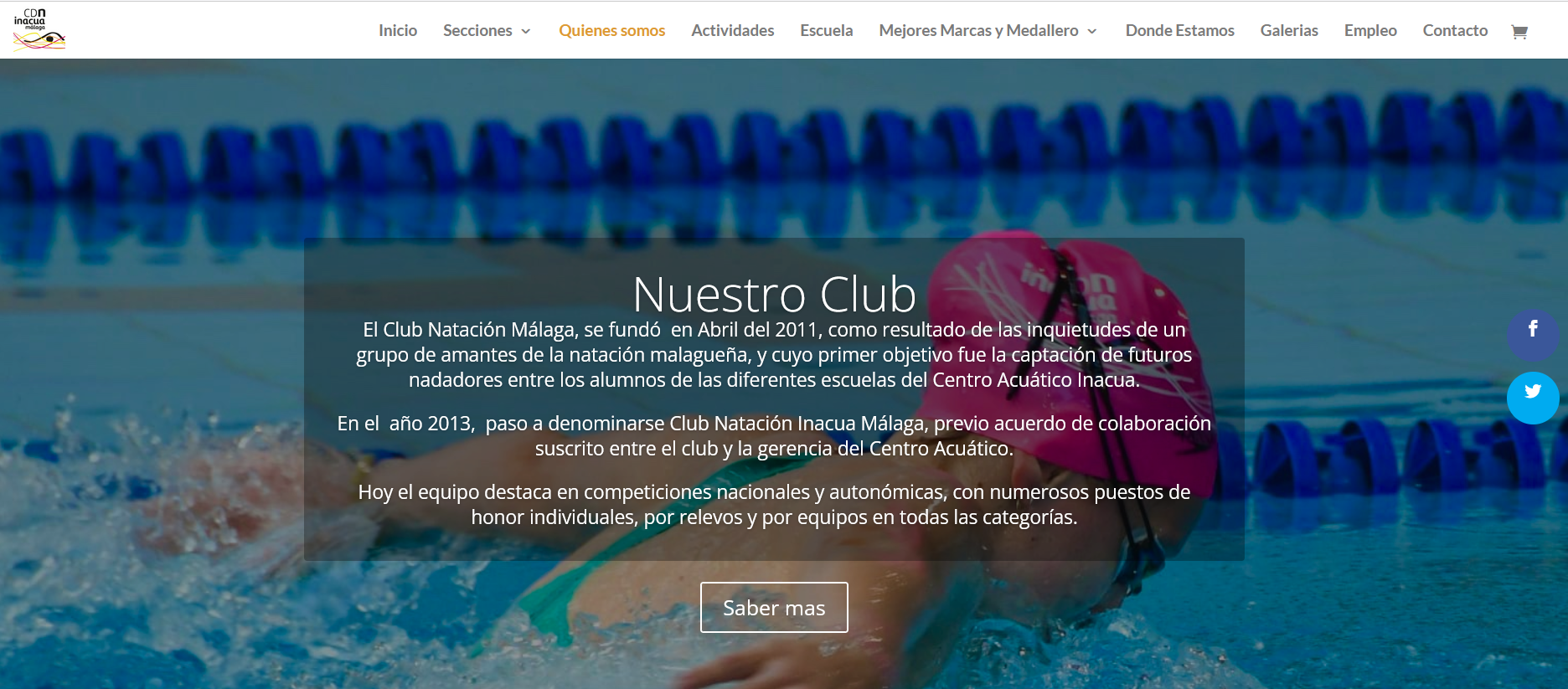 Captura de pantalla de la página web del Club Natación Málaga