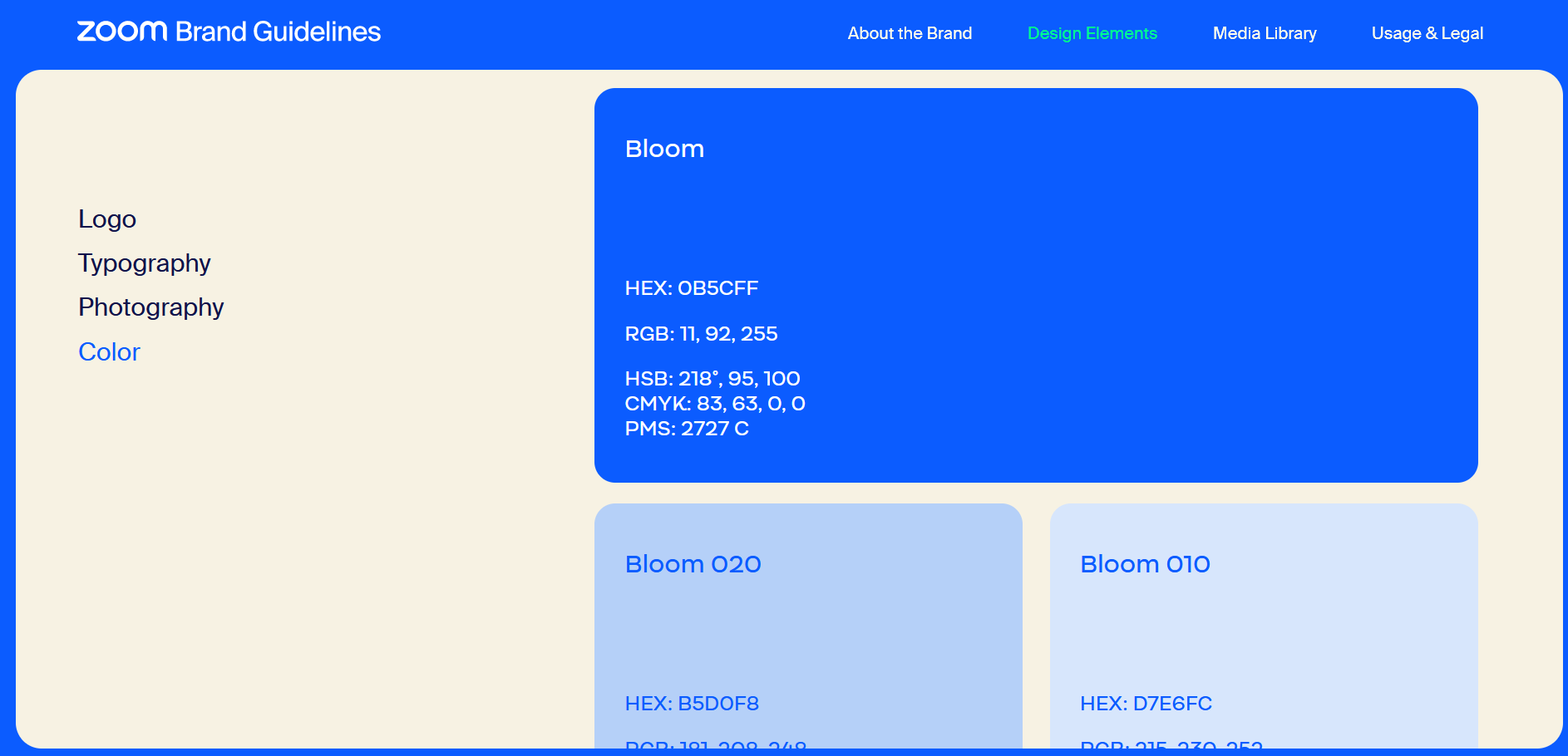 Captura de pantalla de la variedad cromática de Zoom en su guía de estilo web