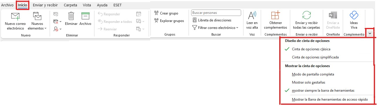 El icono de la flecha en la cinta de opciones de la cuenta de Outlook