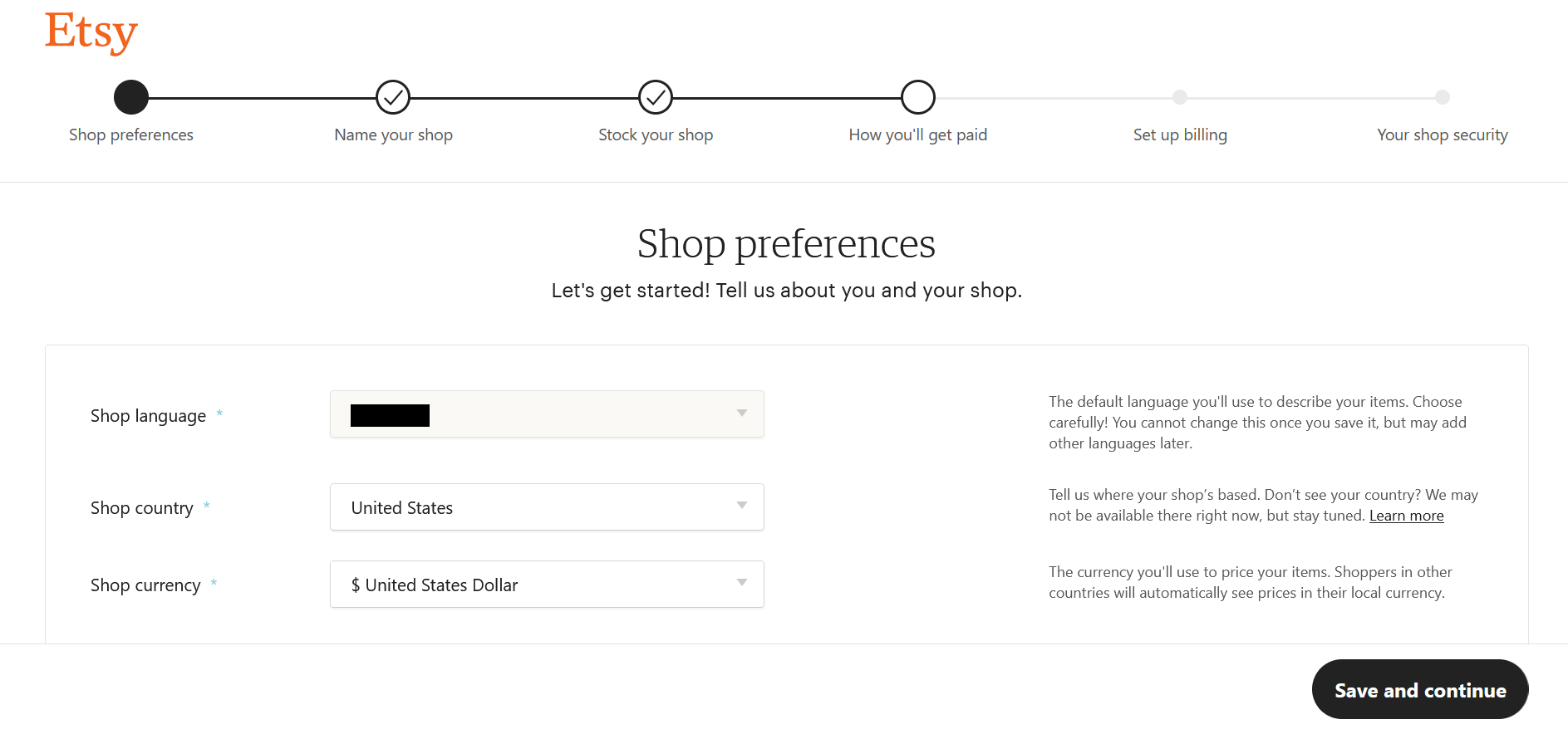 Captura de pantalla de la configuración de una tienda Etsy