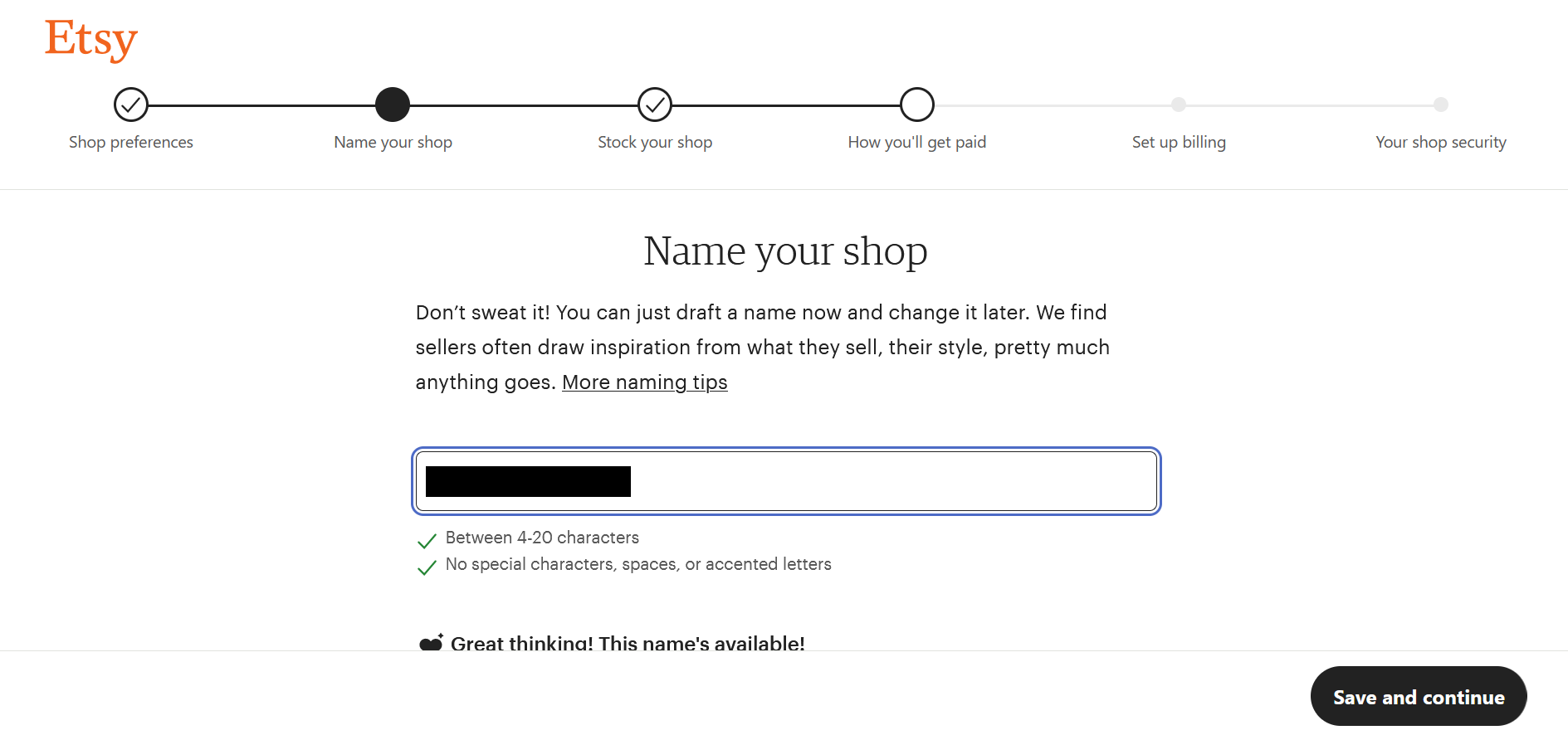 Captura de pantalla de la página donde has de poner nombre a tu tienda Etsy