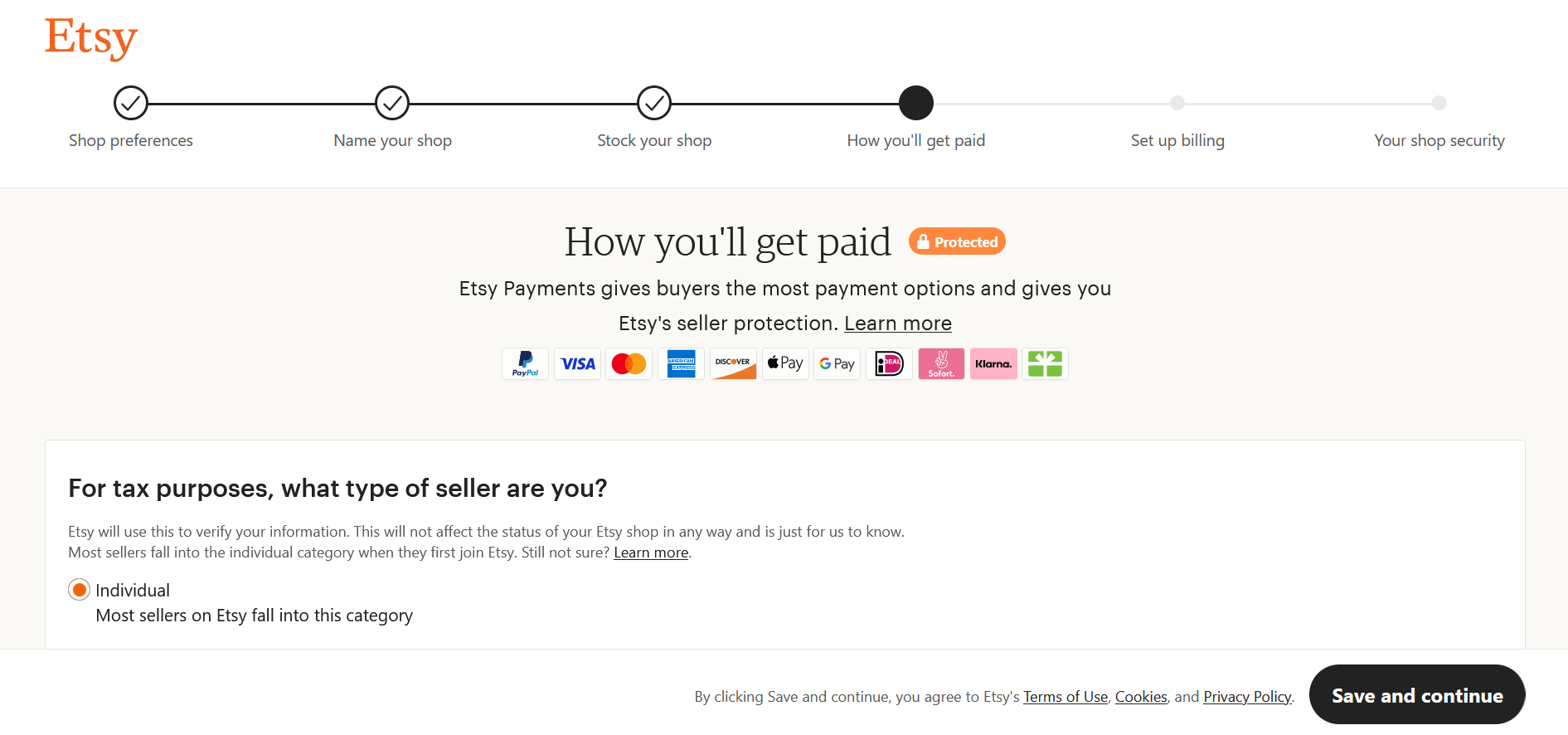 Captura de la página de datos de pago y fiscales de una tienda Etsy