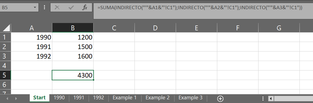 Función de suma con valores de hojas de cálculo diferentes