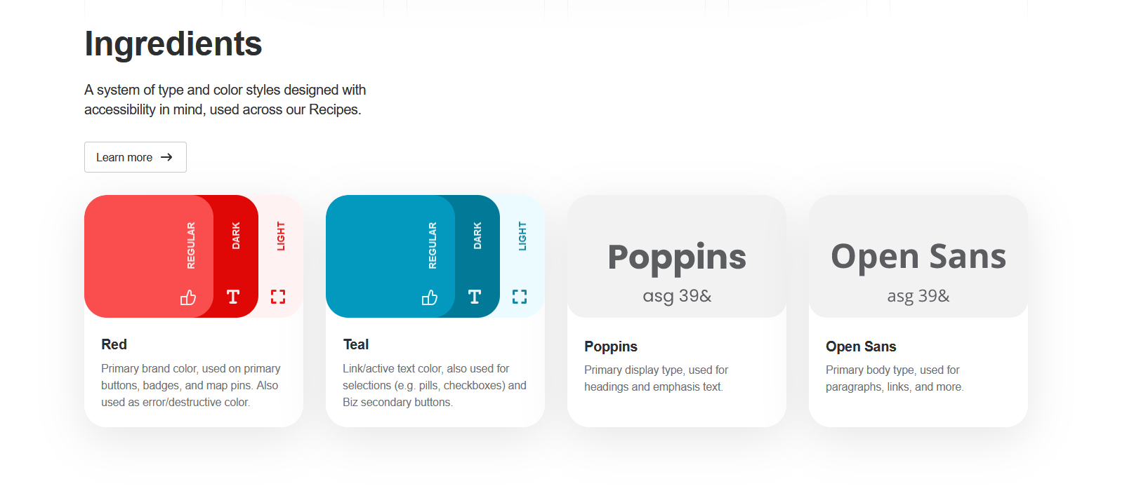 Captura de pantalla de los ingredientes en la guía de estilo web de Yelp
