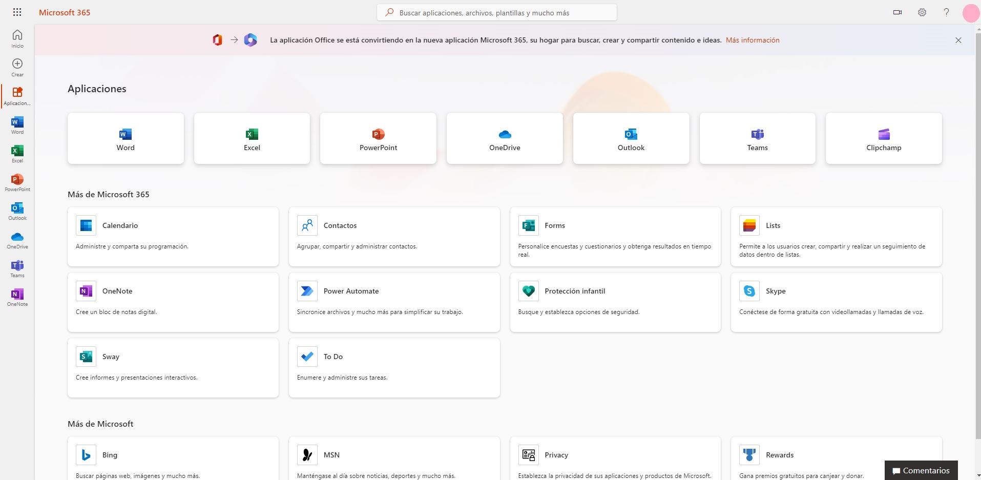 El menú “Aplicaciones” en la cuenta de Microsoft 365 El menú “Aplicaciones” en la cuenta de Microsoft 365