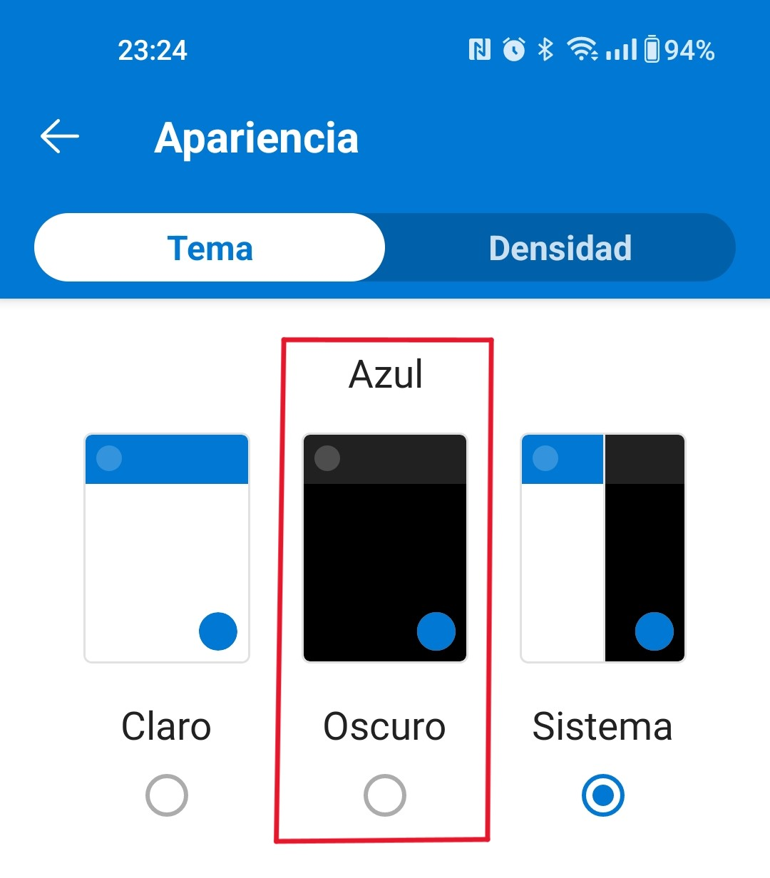 El modo oscuro en la aplicación móvil de Outlook