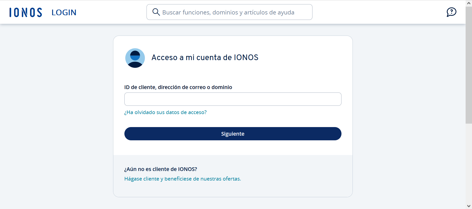Captura de pantalla de la página de inicio de sesión de IONOS