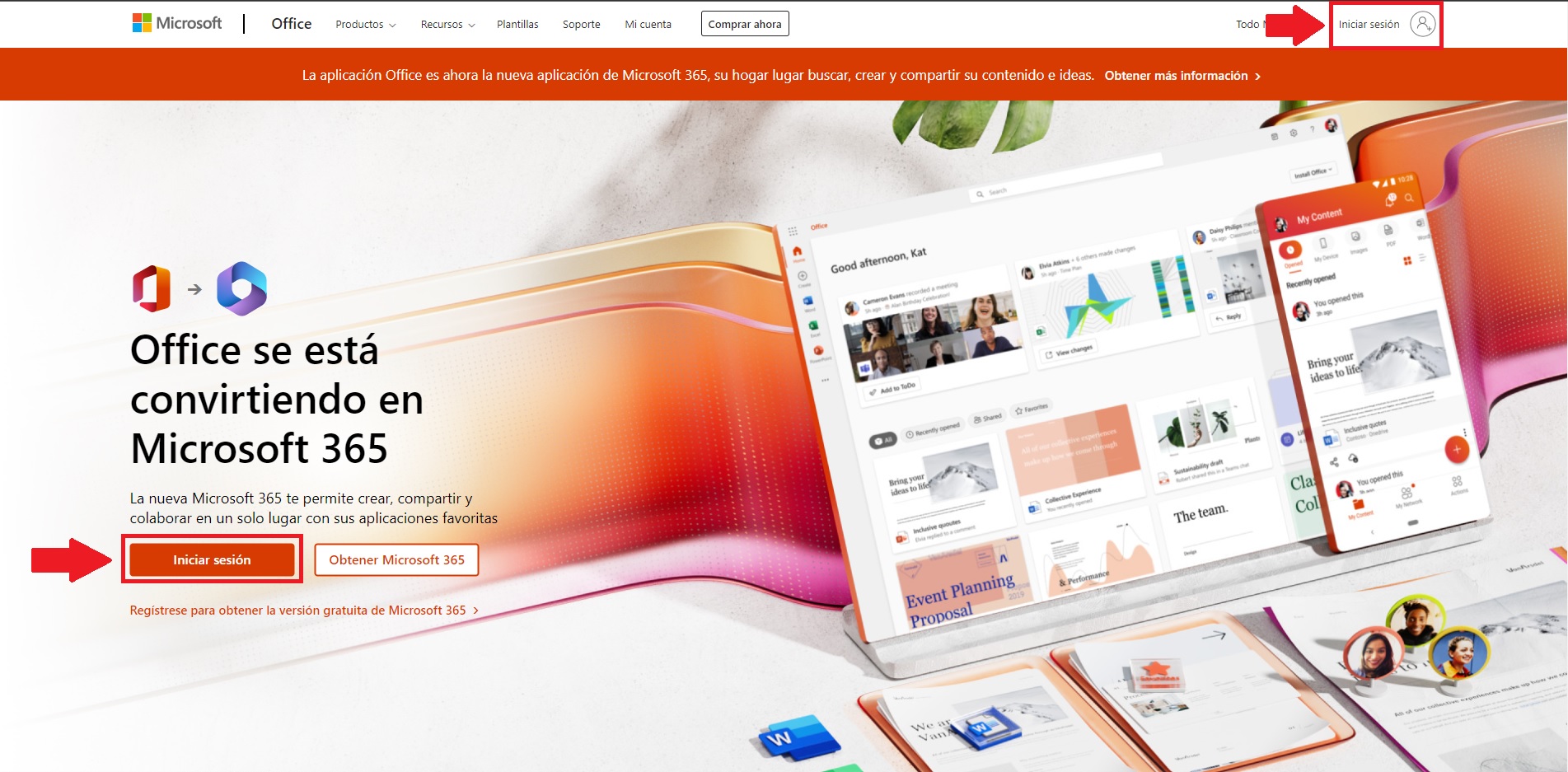 Página de inicio de Microsoft Office con las opciones de inicio de sesión Página de inicio de Microsoft Office con las opciones de inicio de sesión