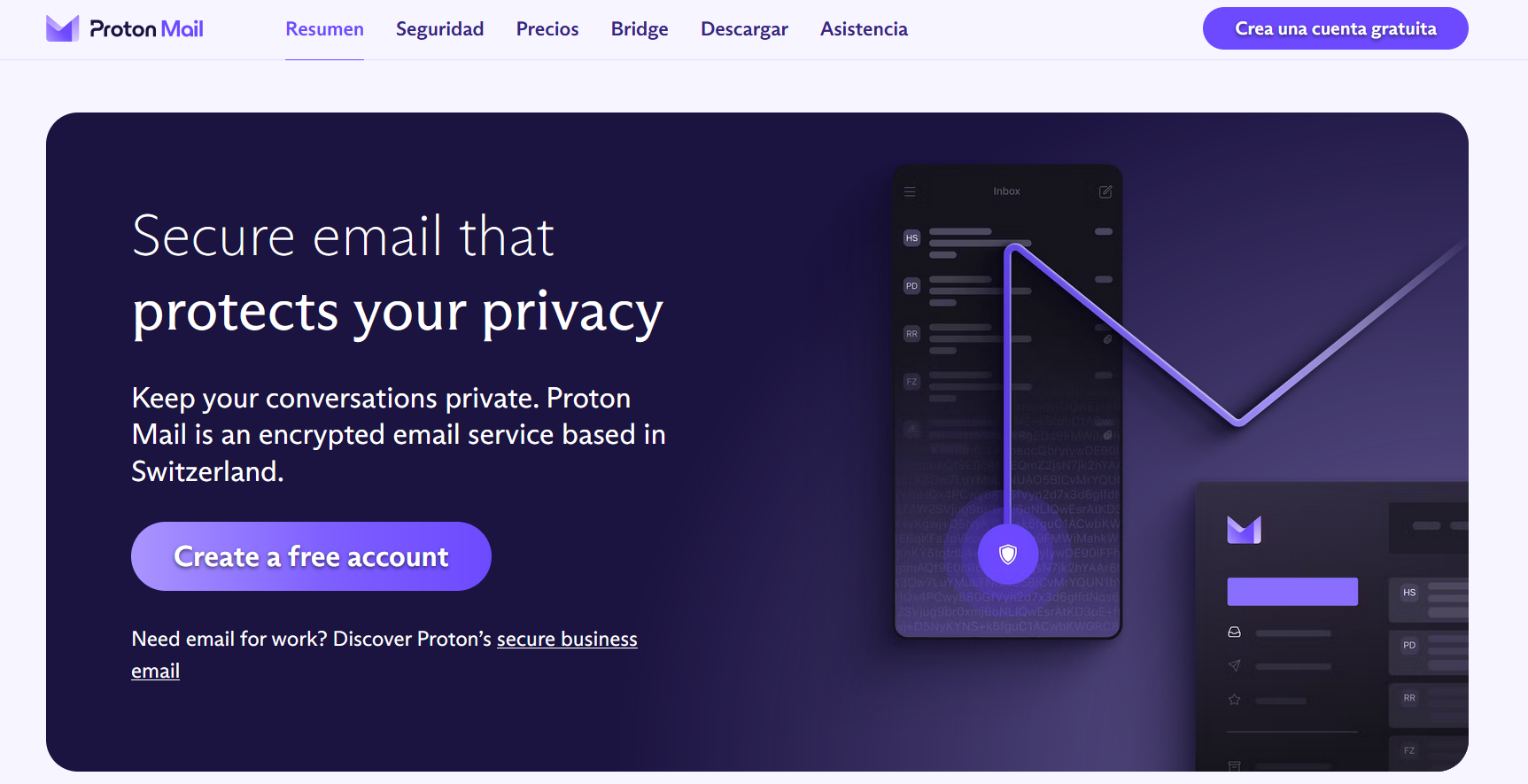 Captura de pantalla de la página web de ProtonMail