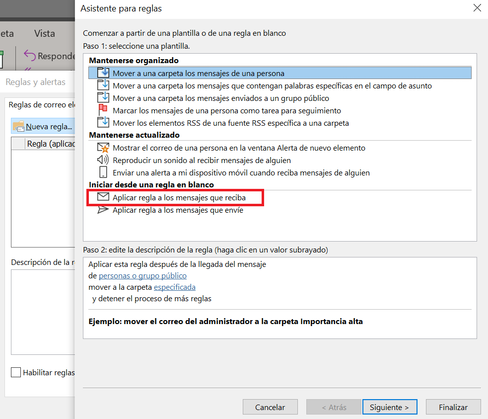 Outlook 365: el asistente para definir las reglas
