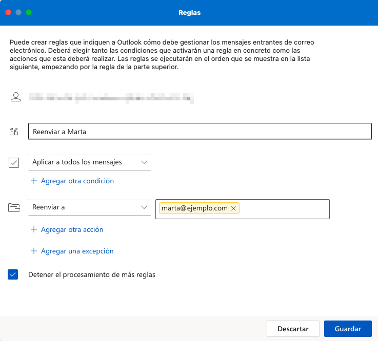 Microsoft Office para Mac: ventana “Reglas”