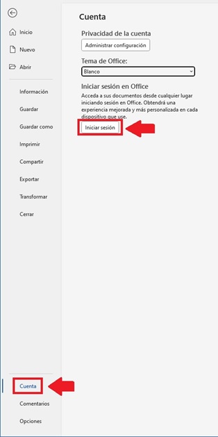El submenú “Cuenta” desde el menú “Archivo” de la aplicación de Word El submenú “Cuenta” desde el menú “Archivo” de la aplicación de Word