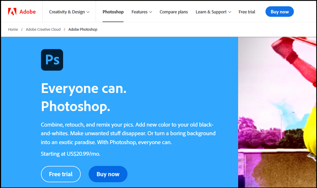 Página web de Adobe Photoshop