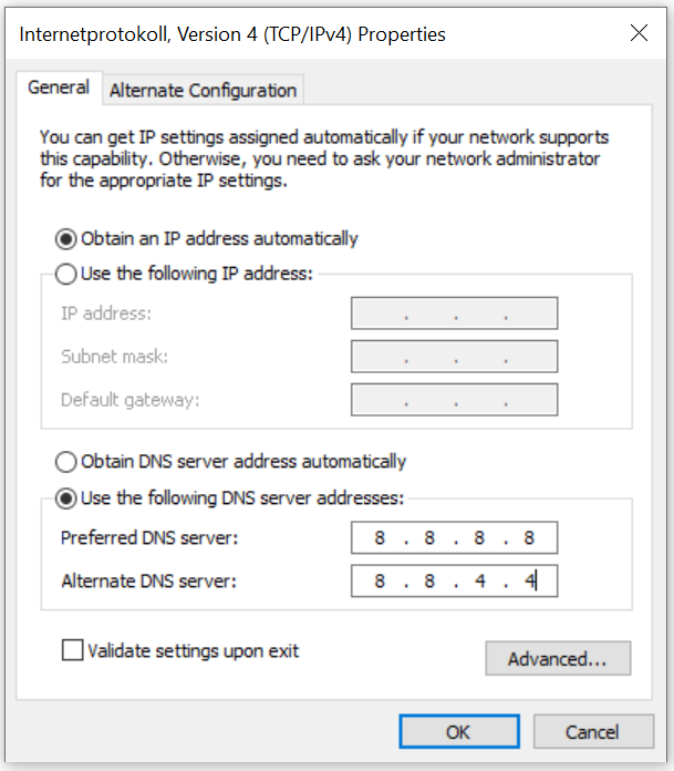 Windows 10: propiedades IPv4