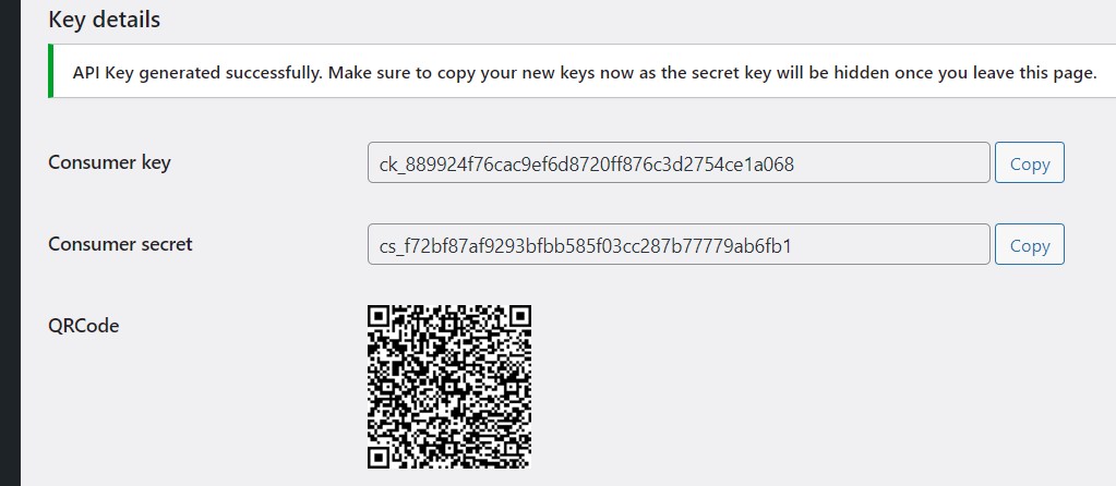 WooCommerce: Consumer key, Consumer secret y código QR