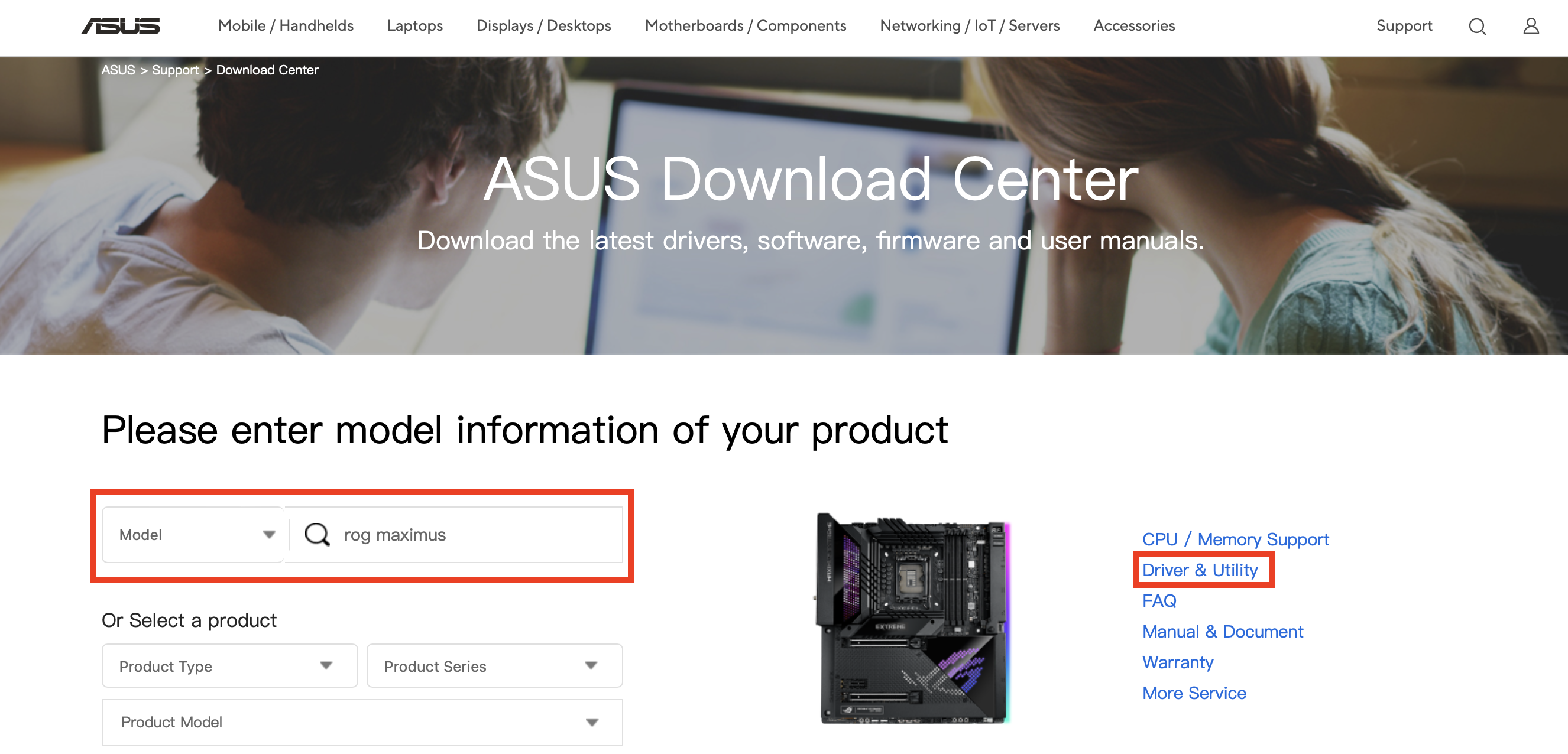 Página web de ASUS: buscar producto Imagen: Página web de ASUS: buscar producto