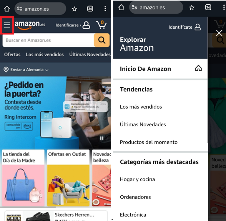 Menú desplegable de amazon.es Imagen: Menú desplegable de amazon.es