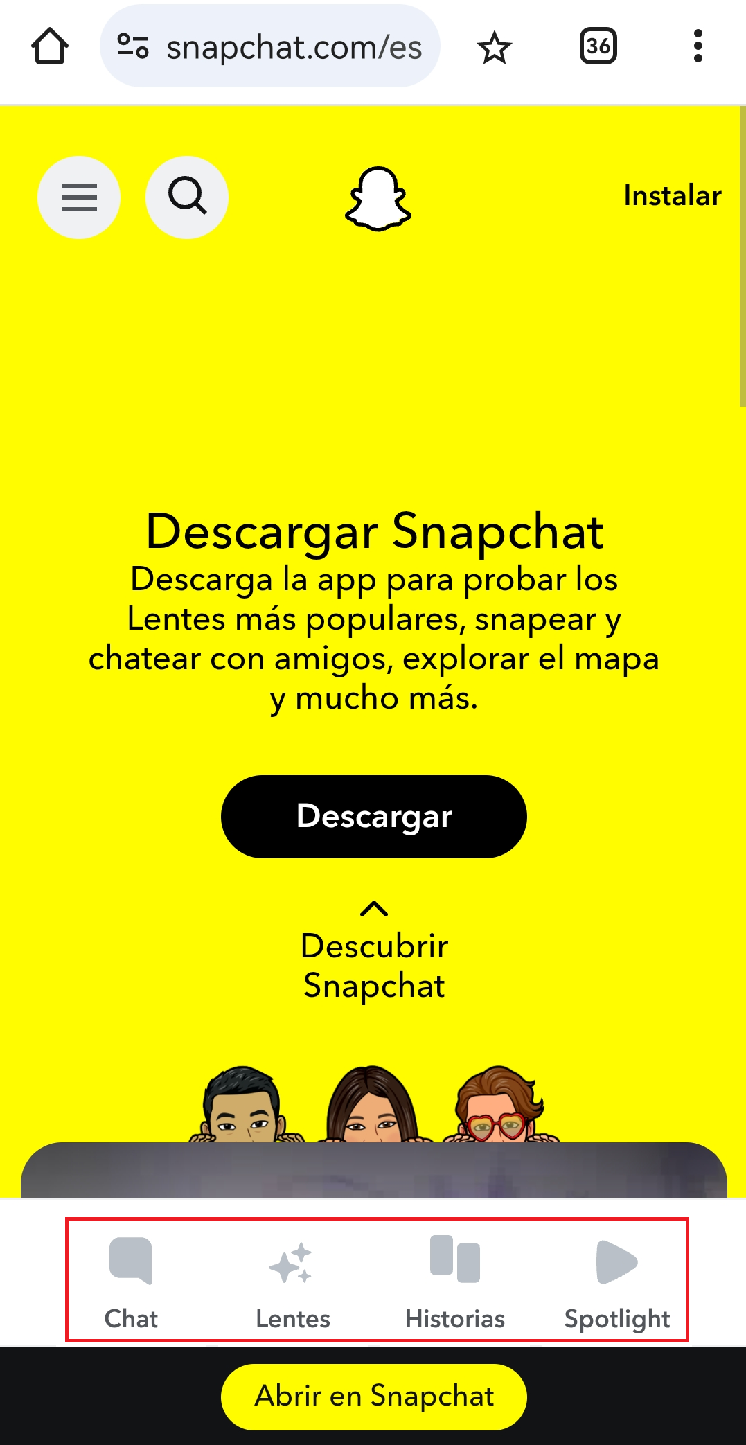 Barra de navegación inferior de Snapchat Imagen: Barra de navegación inferior de Snapchat