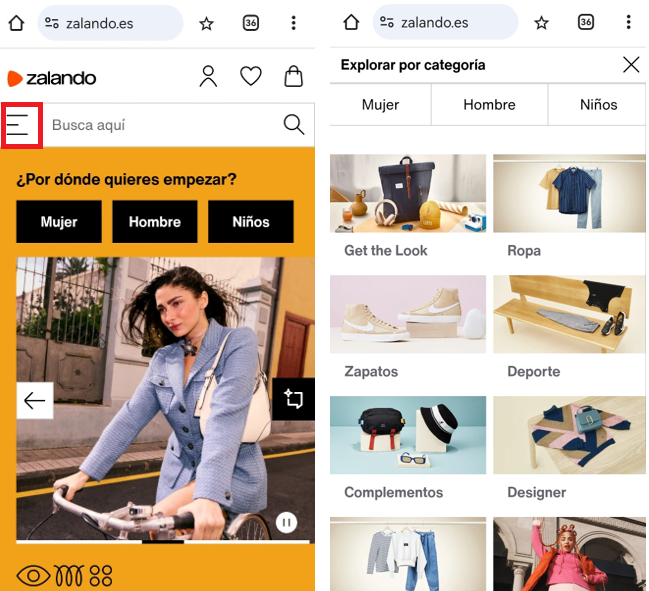 Navegación en cuadrícula en la tienda de Zalando Imagen: Navegación en cuadrícula en la tienda de Zalando