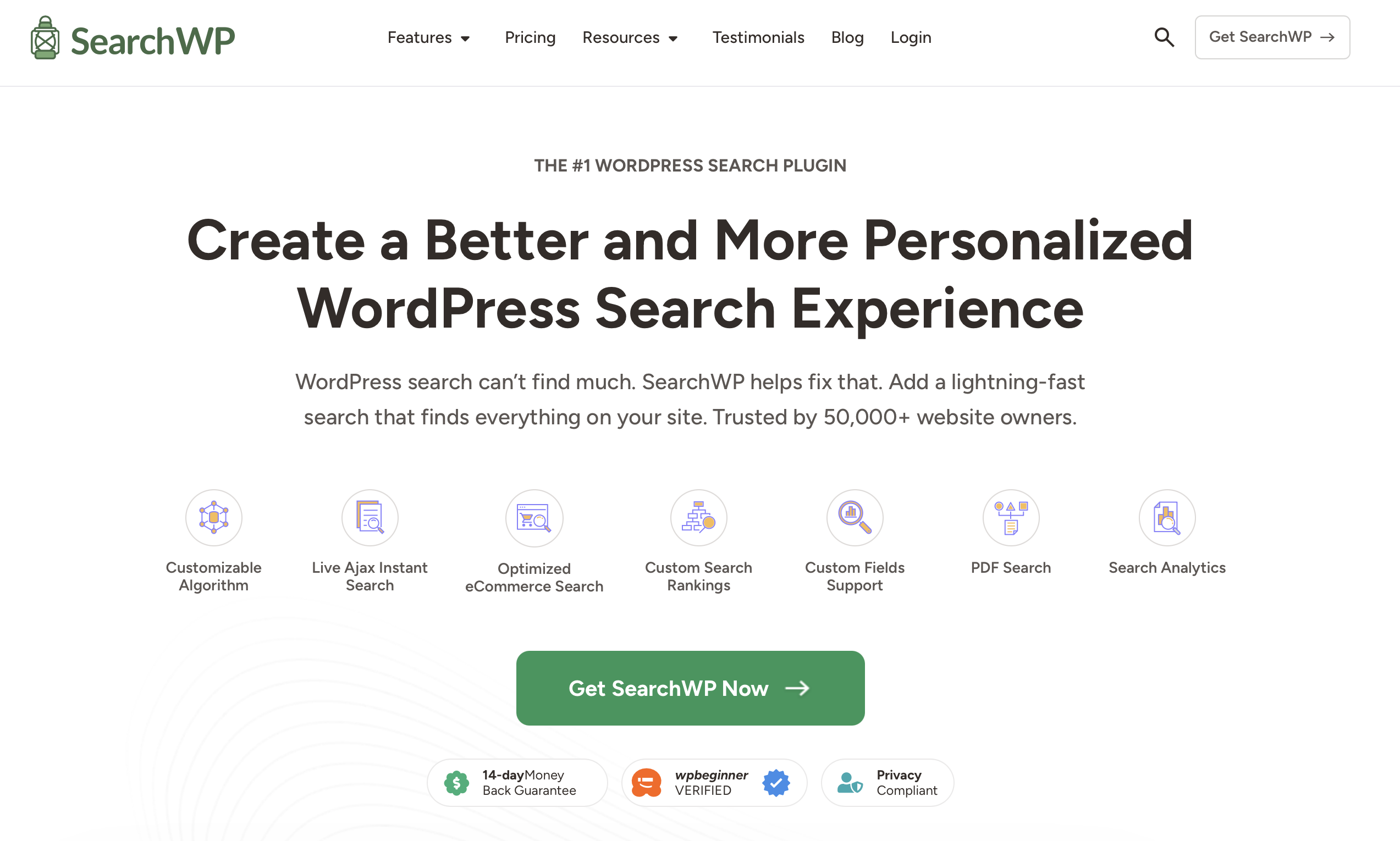Página web de la extensión de WordPress SearchWP Imagen: Página web de la extensión de WordPress SearchWP