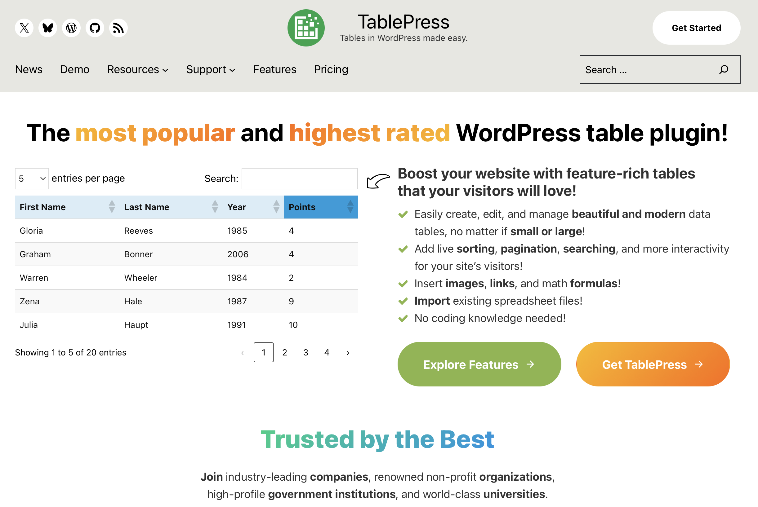Página de inicio del plugin para WordPress TablePress Imagen: Página de inicio del plugin para WordPress TablePress