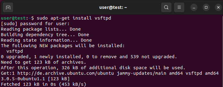 Ubuntu 22.04: instalación de vsftpd en el terminal Imagen: Ubuntu 22.04: instalación de vsftpd en el terminal