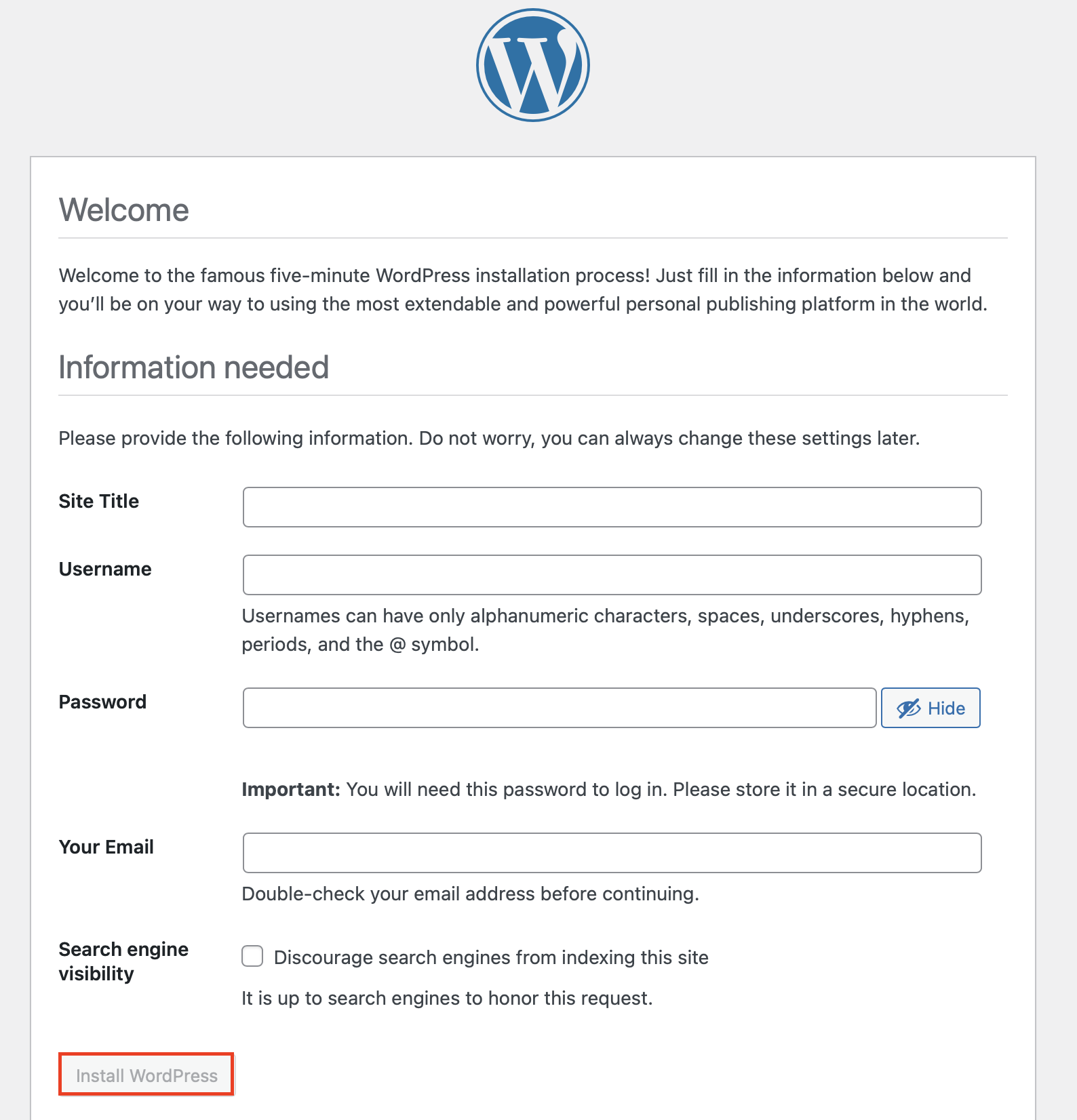 Captura de pantalla de la instalación de WordPress: información sobre la página web de WordPress Imagen: Captura de pantalla de la instalación de WordPress: información sobre la página web de WordPress