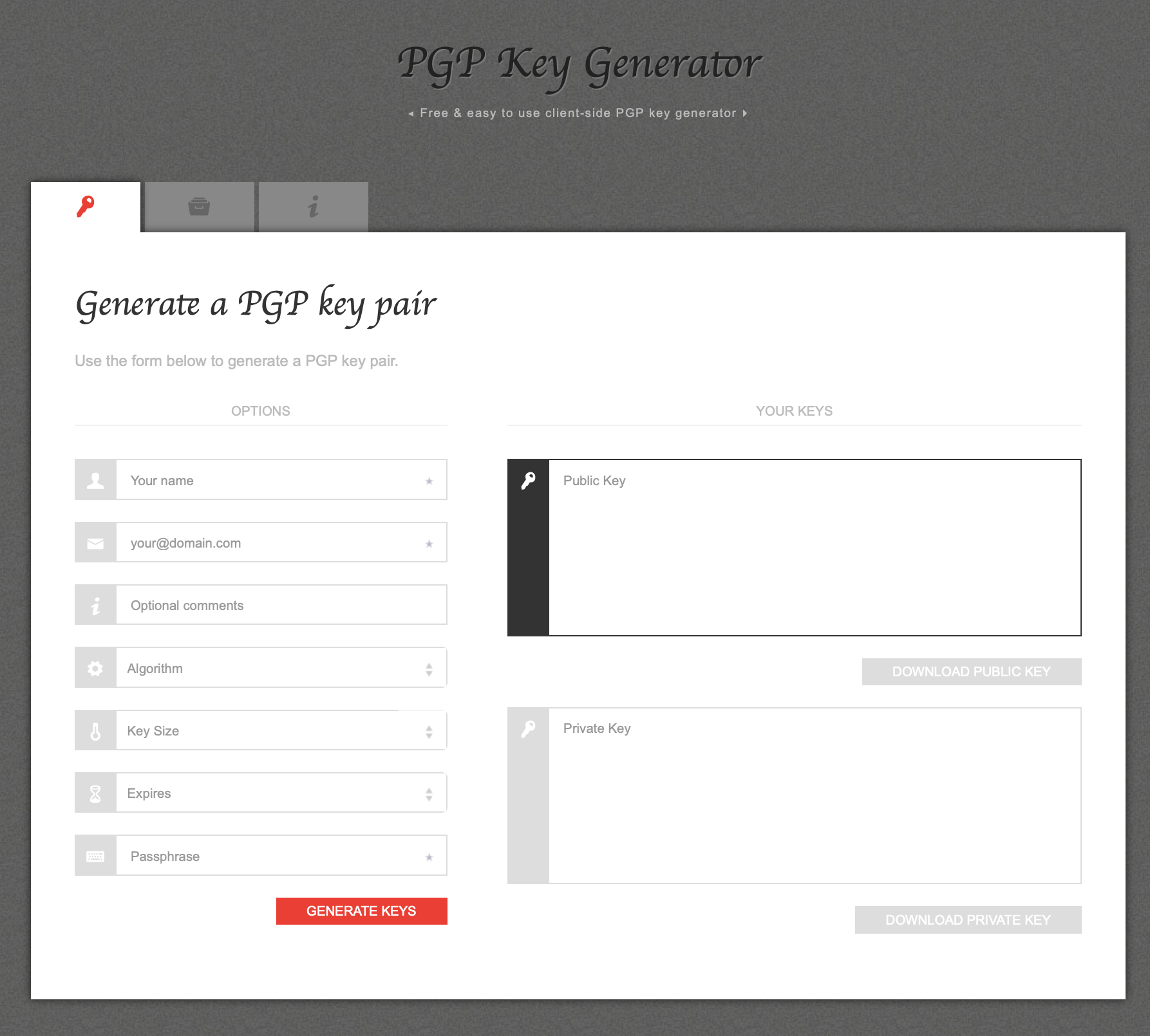 Captura de pantalla de la página web PGP Key Generator Imagen: Captura de pantalla de la página web PGP Key Generator
