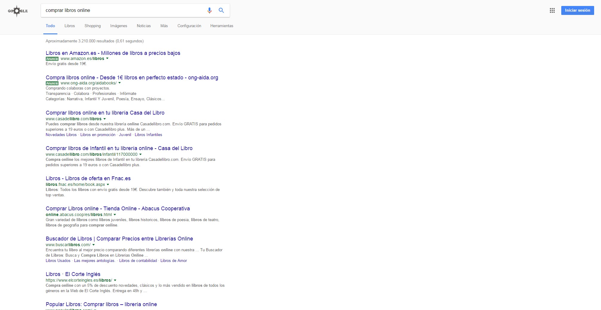 Resultados de búsqueda en Google para “Comprar libros online”