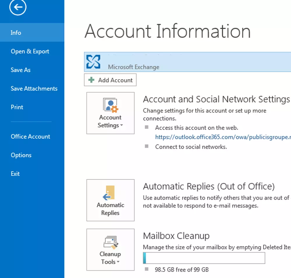 Outlook 2013: información de la cuenta