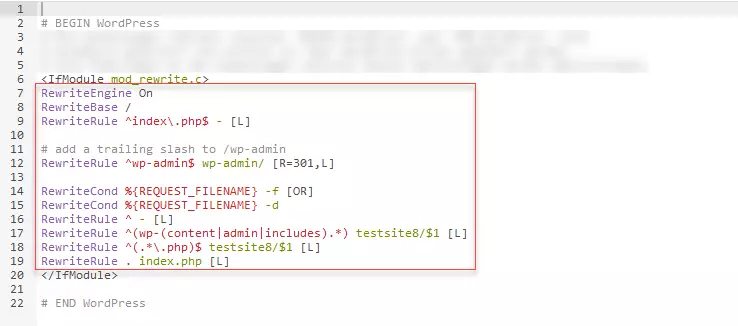 Nuevo archivo .htaccess con el código sustituido del backend de WordPress