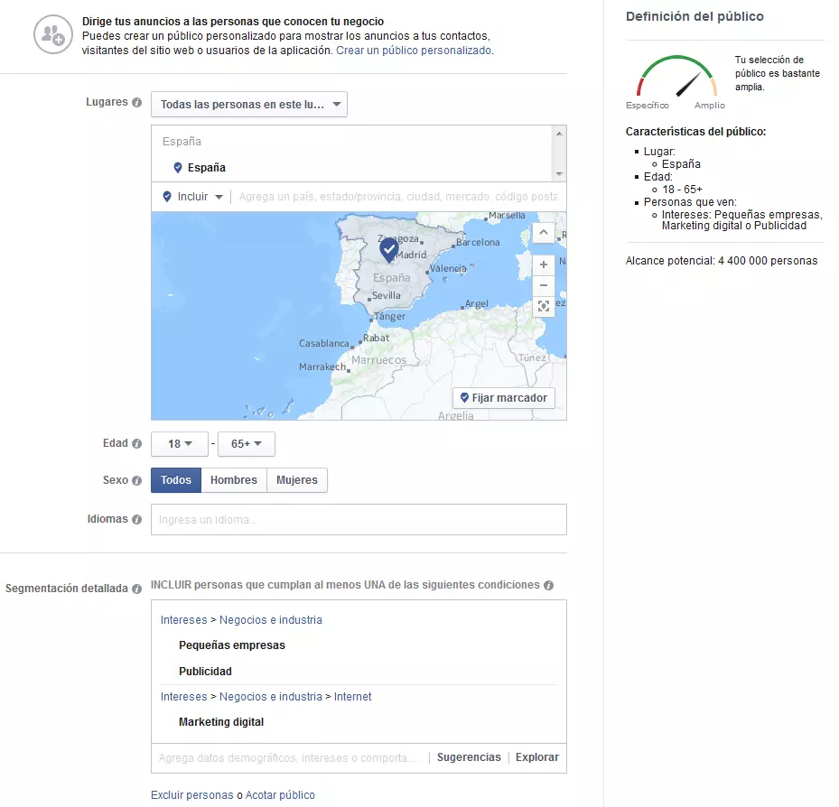 Definición del público objetivo para crear anuncios en Facebook