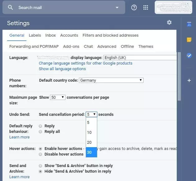 Imagen: Periodo de cancelación de envío en Gmail: opciones de configuración