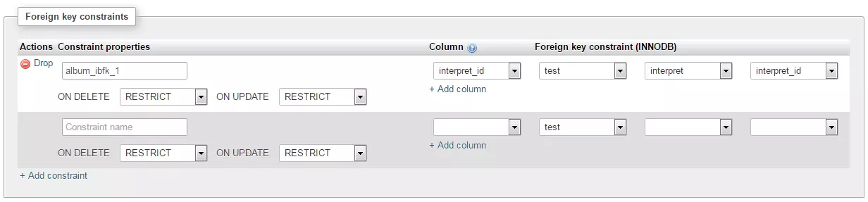 Imagen: phpMyAdmin: relaciones de claves foráneas definidas