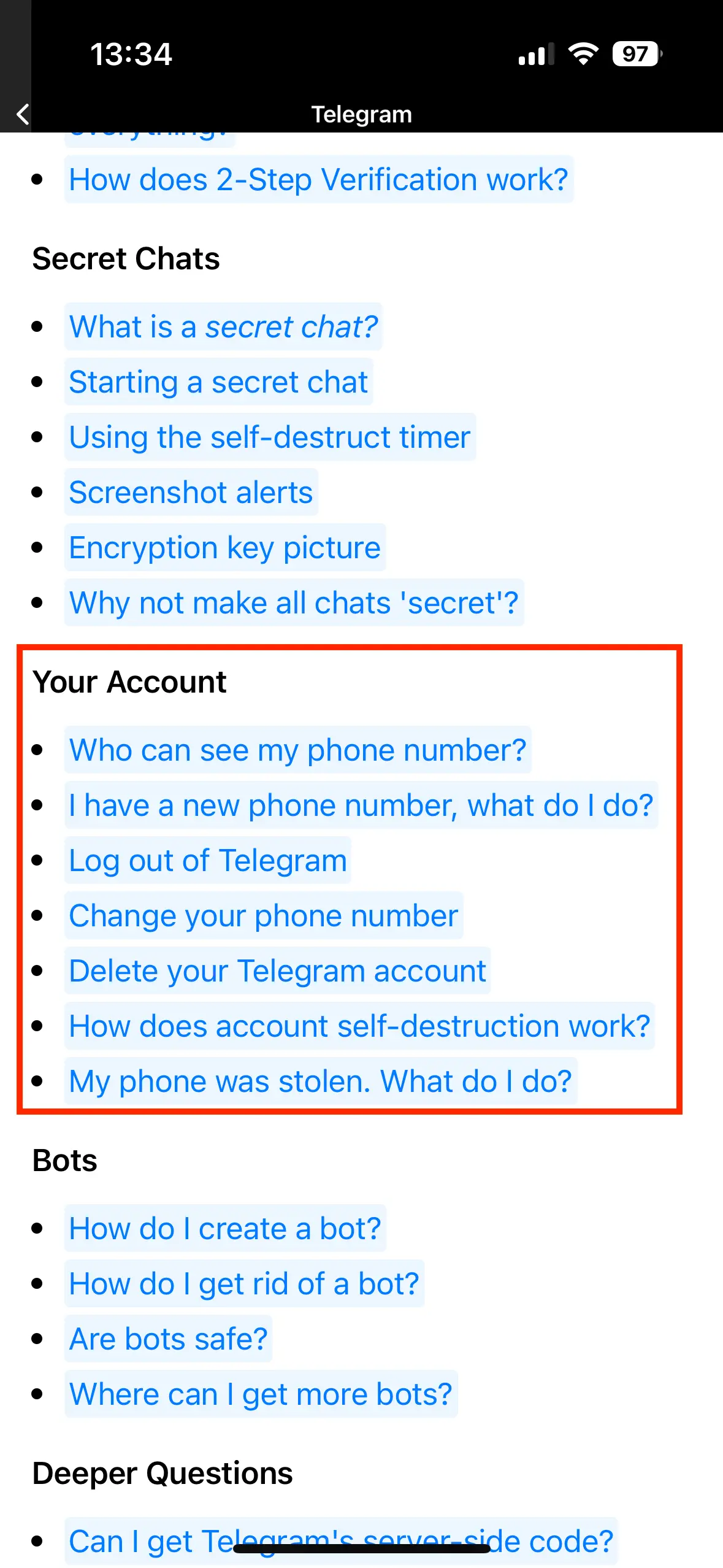 Apartado de FAQ con “Mi cuenta” en la app de Telegram Imagen: Apartado de FAQ con “Mi cuenta” en la app de Telegram