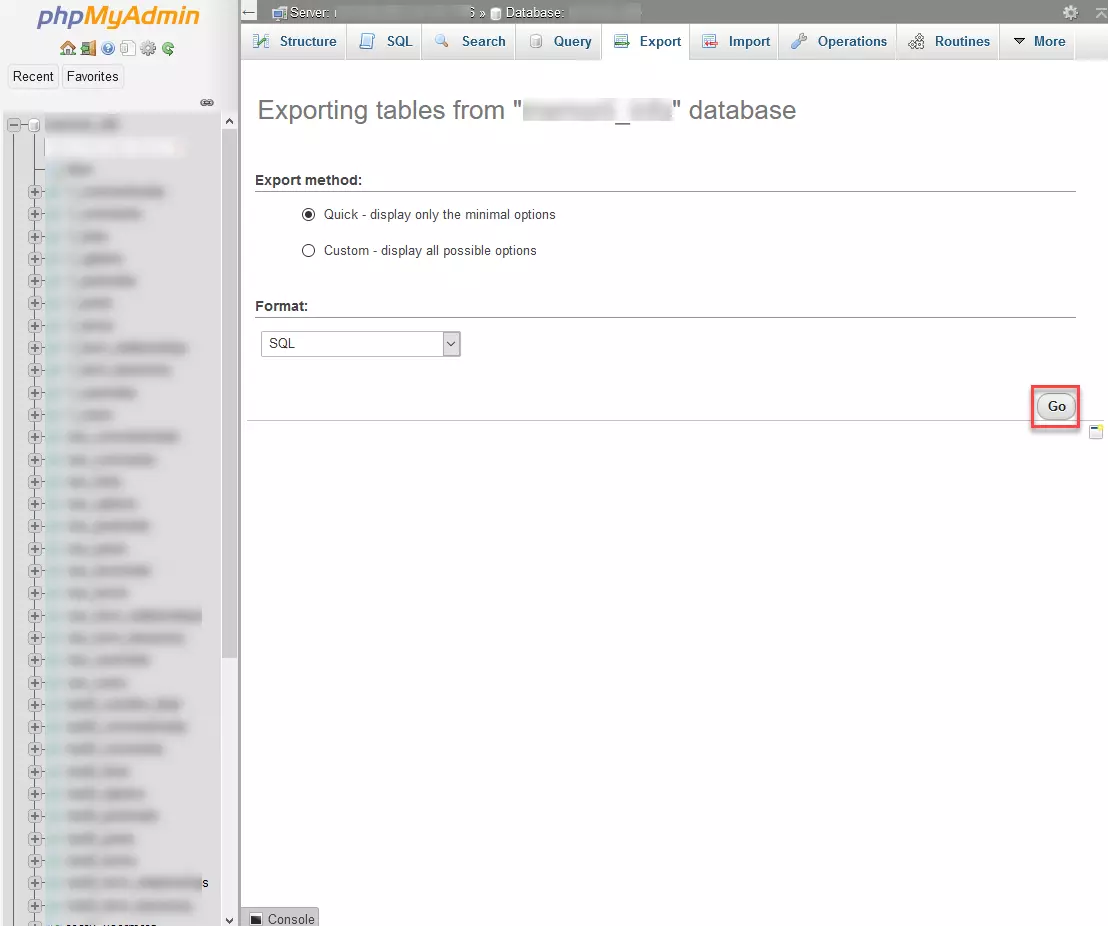 phpMyAdmin: exportar tablas de la base de datos 
