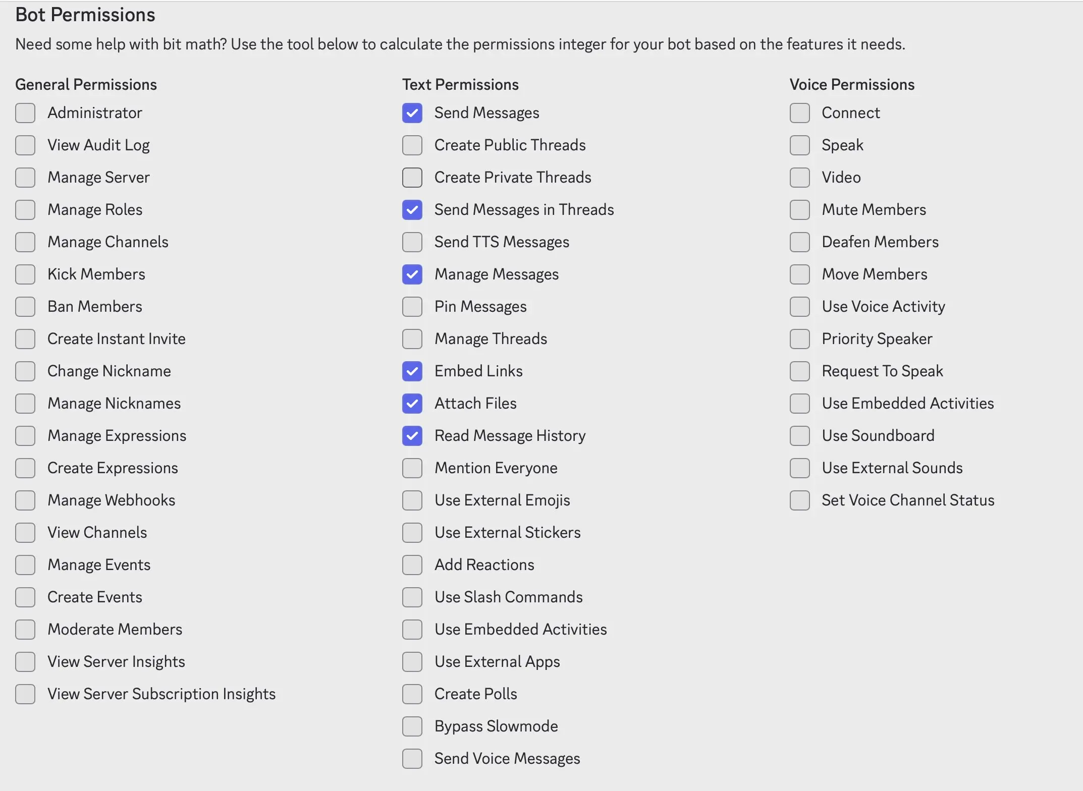 Permisos del bot en el Discord Developer Portal Imagen: Permisos del bot en el Discord Developer Portal