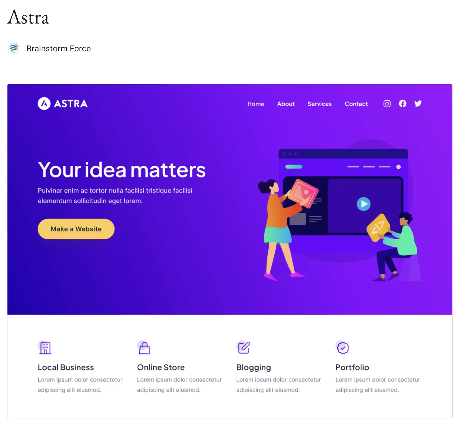 Imagen: Vista previa del tema de WordPress Astra en WordPress.org