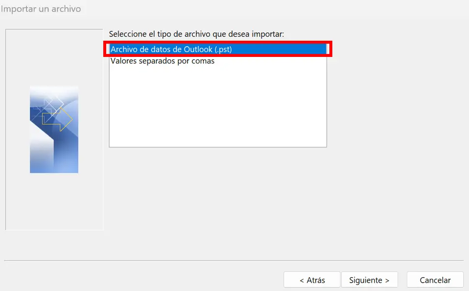 Imagen: Seleccionar el formato de archivo adecuado en el asistente de Outlook
